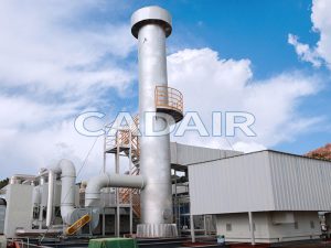 Pollution control equipment for pulverized coal cyclone furnace featuring baghouse and scrubber system.